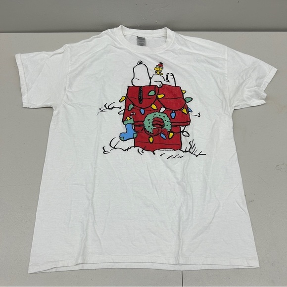 Peanuts Tops - Peanuts White T-Shirt with Snoopy and Woodstock Design size L